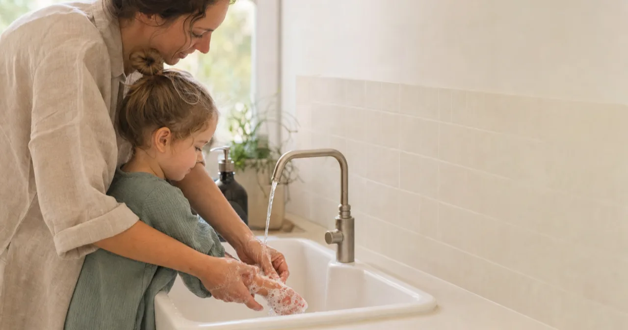 A young child washing their hands at a sink with a parent helping
