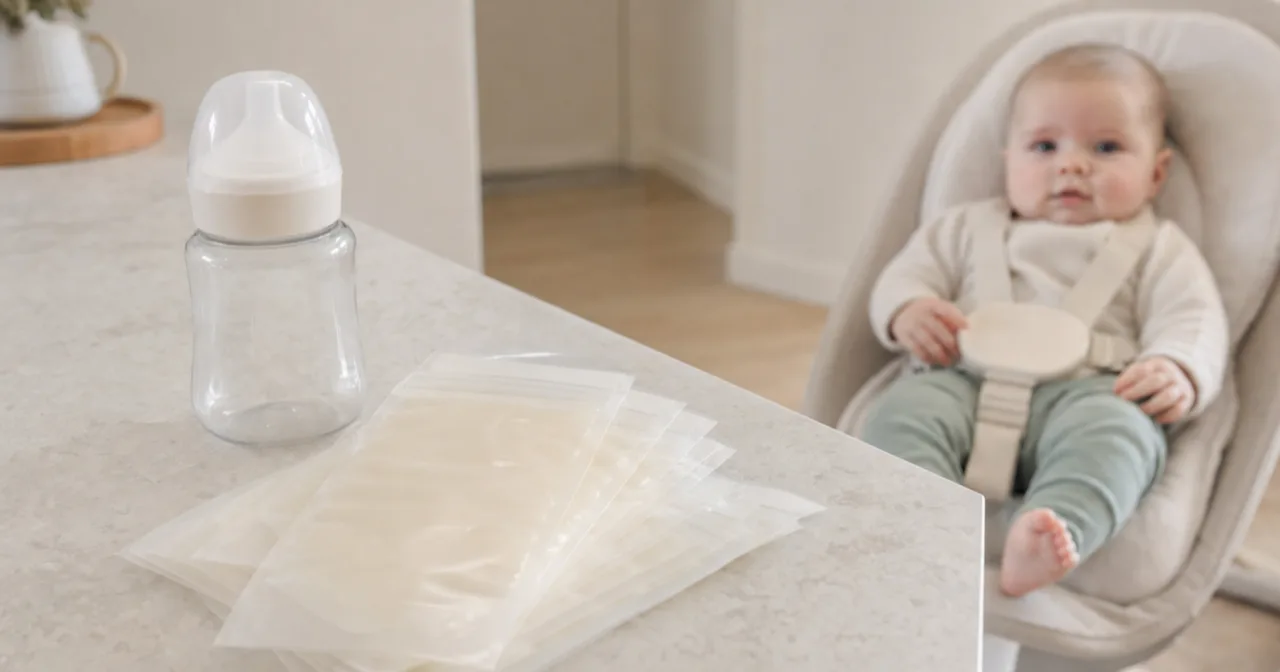 Milk storage bags and a bottle on a counter with a baby nearby