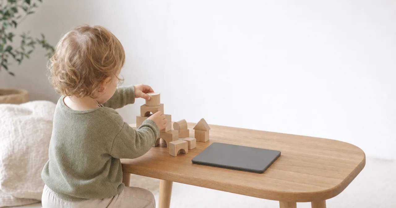 A toddler playing with wooden blocks beside a tablet lying face down