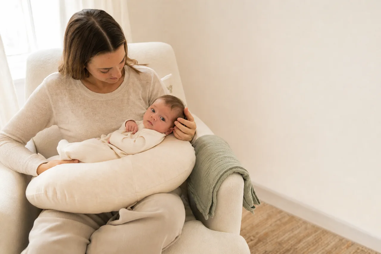 A parent feeding their baby in a chair at home