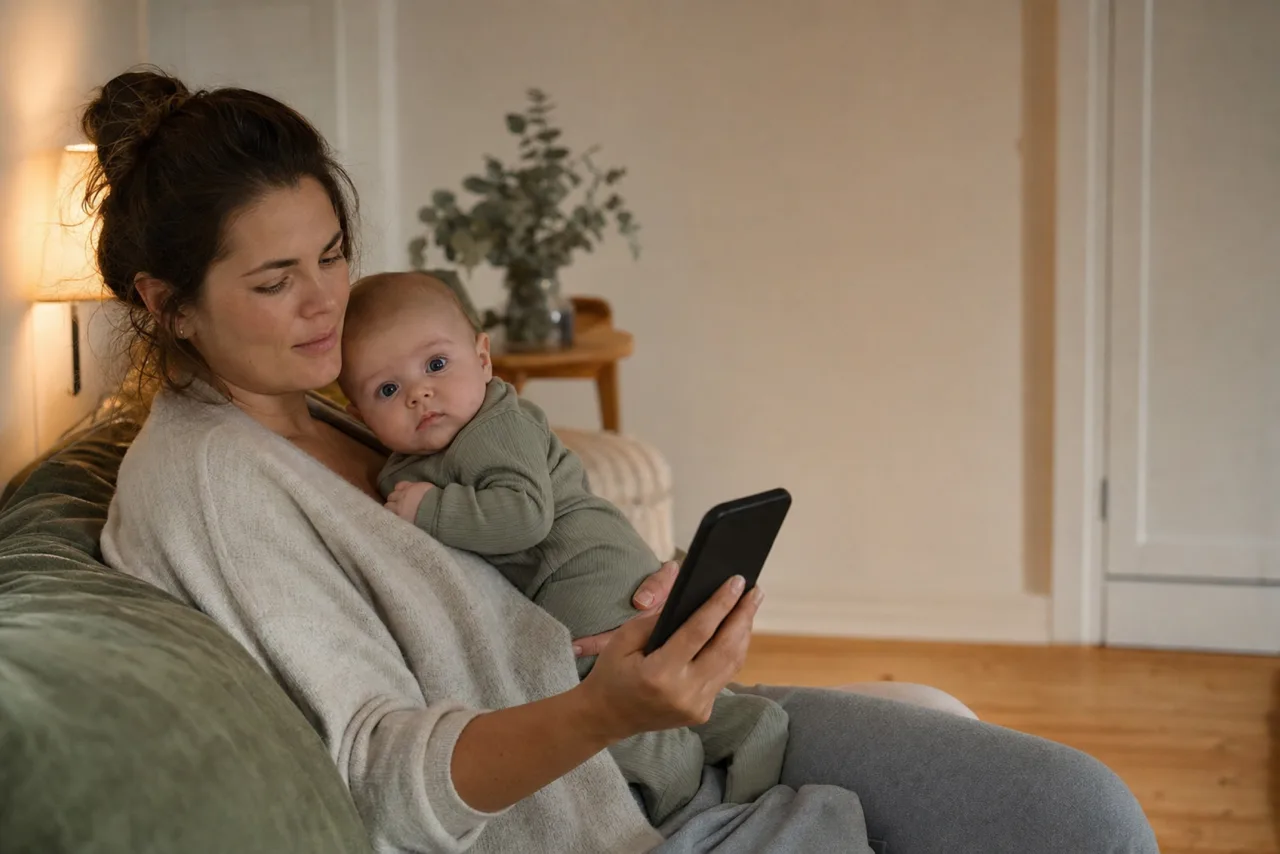 A parent sending a message while holding their baby