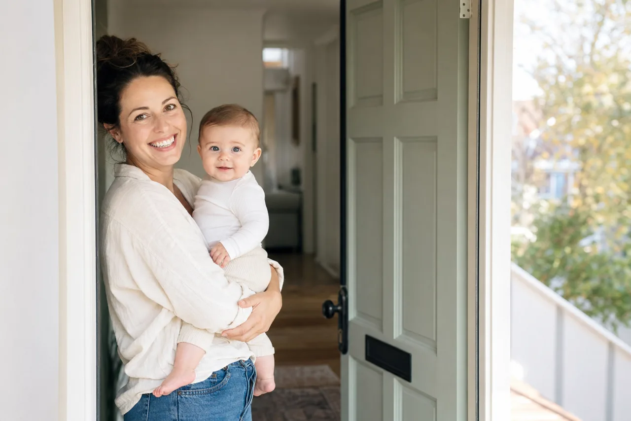 A parent holding their baby in the open doorway of their home
